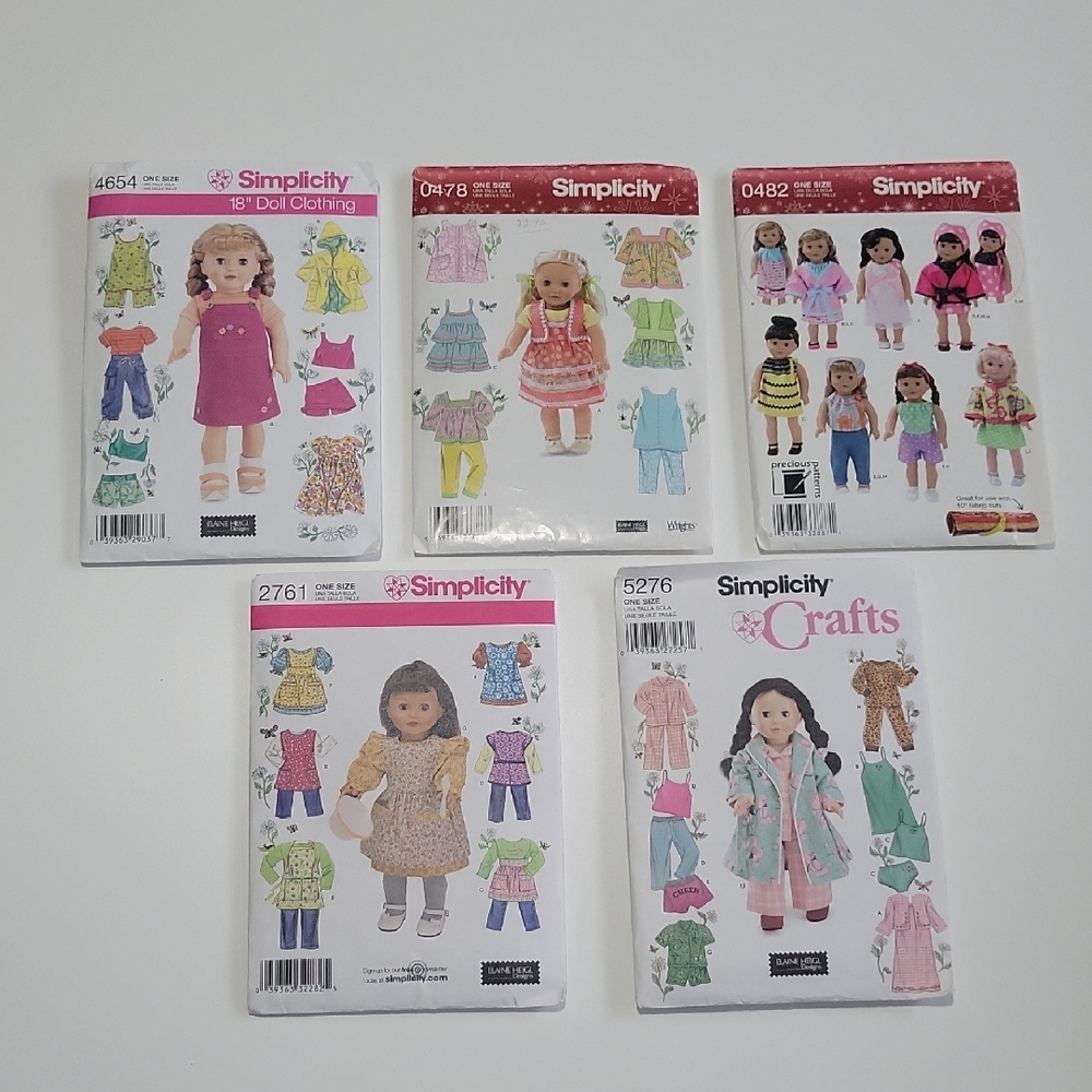 Simplicity Doll Clothing Craft Patterns - 0482,0478,2761,4654 And 5276 DIY
